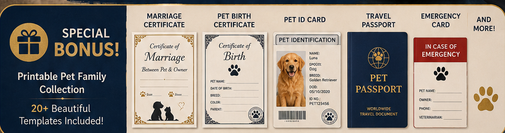 Preview of printable pet templates including certificates, ID card and passport