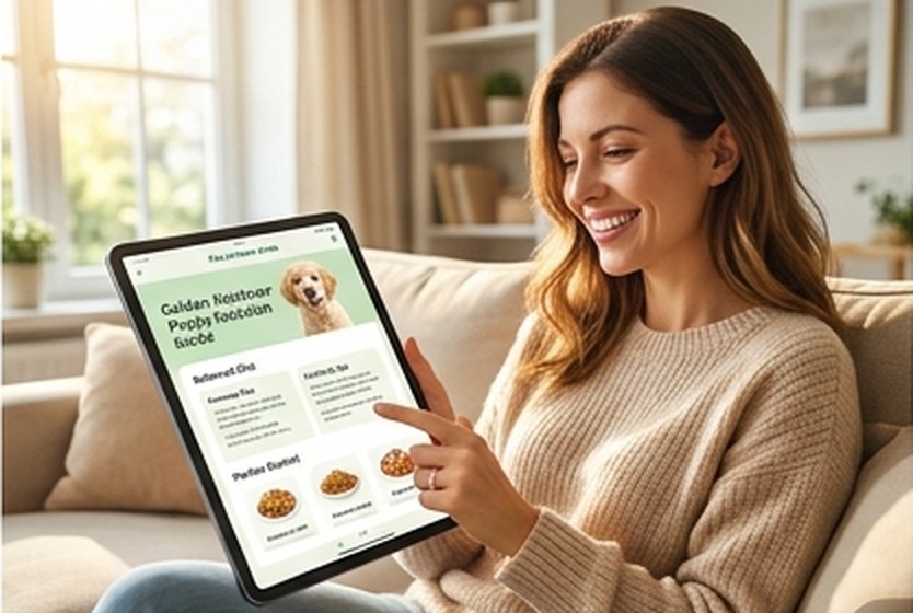 A smiling pet parent reading the Pets at Home guide on a tablet at home