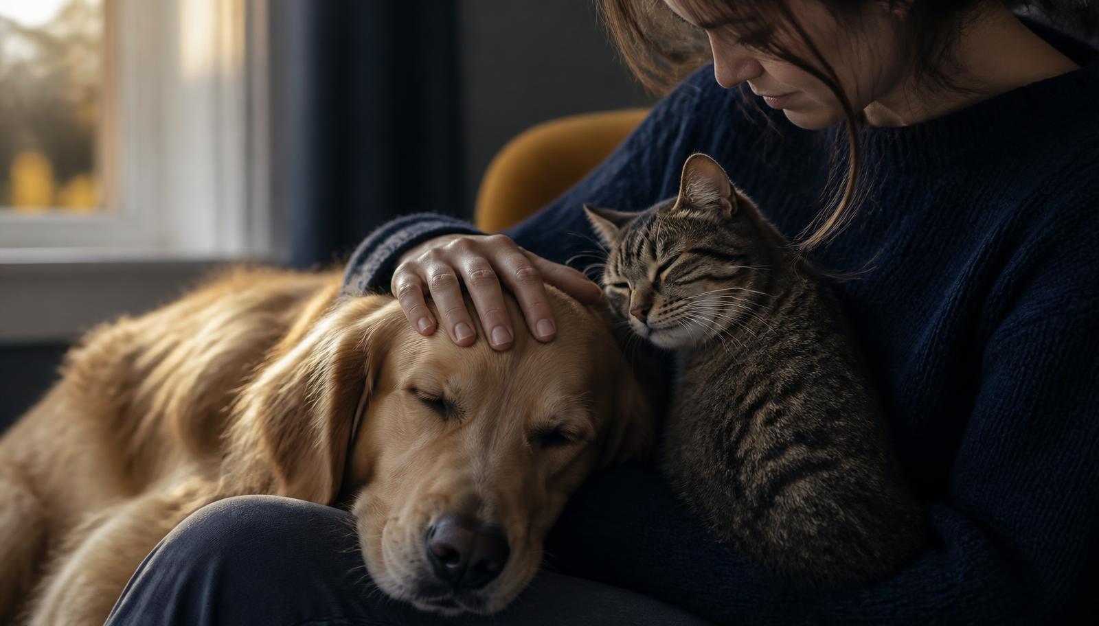 A pet parent gently resting a hand on a sleeping dog while a cat leans in